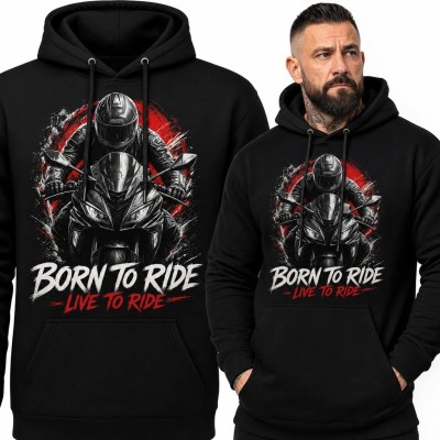 Bluza męska z kapturem z motywem motocyklisty „Born to Ride” - sportowy motocykl