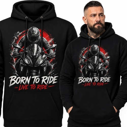 Bluza męska z kapturem z motywem motocyklisty „Born to Ride” - sportowy motocykl