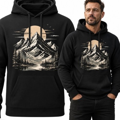 Bluza męska z kapturem - górski krajobraz z lasem i jeziorem