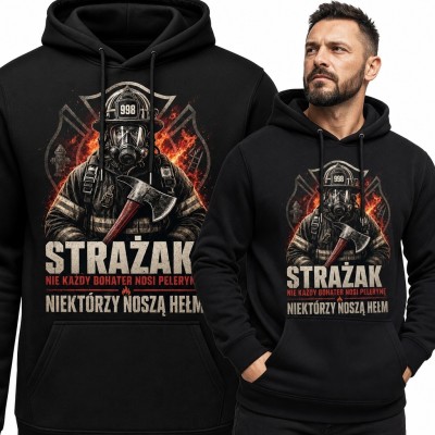 Bluza męska z kapturem dla strażaka „Strażak” - bohater w hełmie na tle płomieni