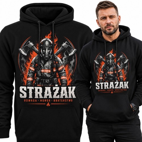 Bluza męska z kapturem ze strażakiem „Strażak” - „Odwaga • Honor • Braterstwo”