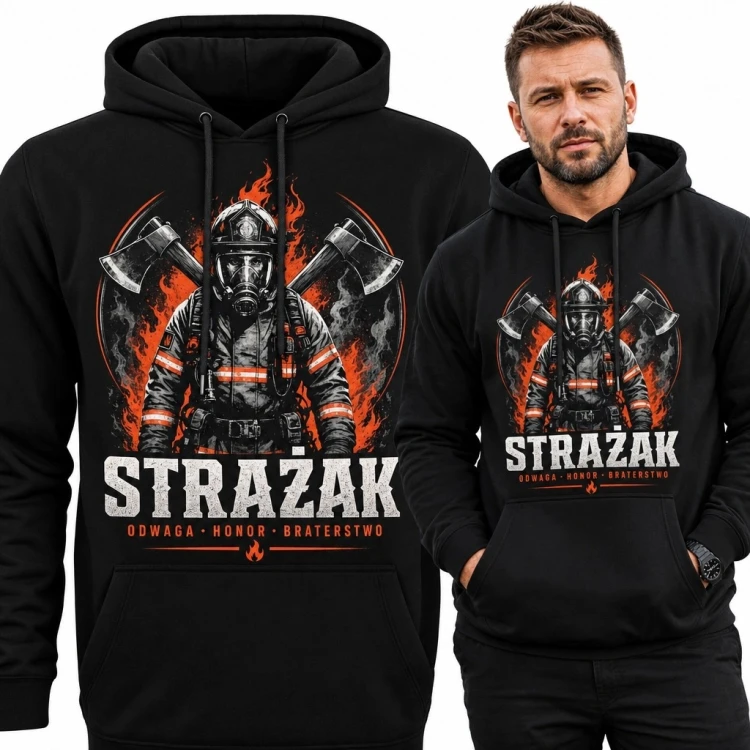 Bluza męska z kapturem ze strażakiem „Strażak” - „Odwaga • Honor • Braterstwo”