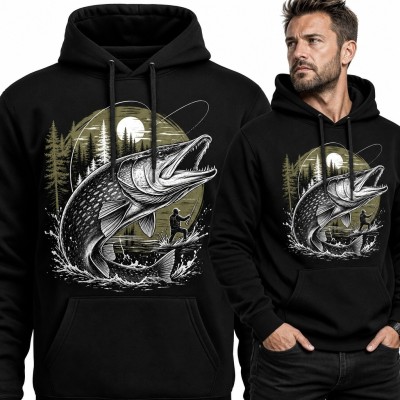 Bluza męska z kapturem - szczupak wyskakujący z leśnego jeziora