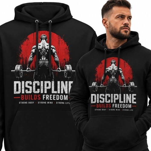 Bluza męska z kapturem na siłownię „Discipline Builds Freedom” - kulturysta ze sztangą