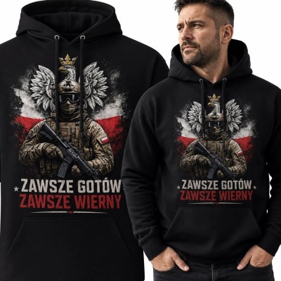 Bluza męska z kapturem z polskim żołnierzem i napisem „Zawsze gotów / zawsze wierny”