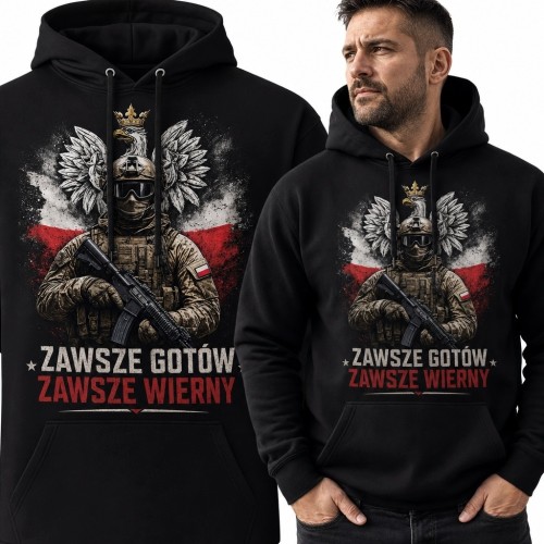 Bluza męska z kapturem z polskim żołnierzem i napisem „Zawsze gotów / zawsze wierny”