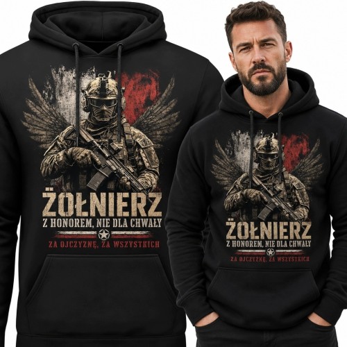 Bluza męska z kapturem z żołnierzem i napisem „Żołnierz” - militarna i patriotyczna