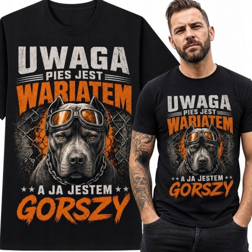 Koszulka męska z psem w goglach - „Uwaga - pies jest wariatem / a ja jestem gorszy”