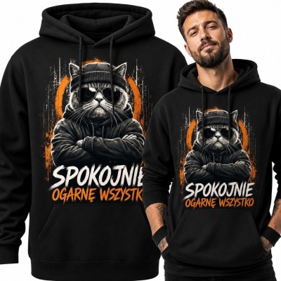 Bluza męska z kapturem z kotem „Spokojnie, ogarnę wszystko” - uliczny humor