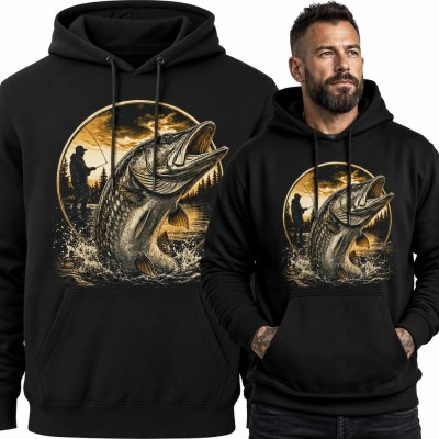 Bluza męska z kapturem - szczupak nad leśnym jeziorem