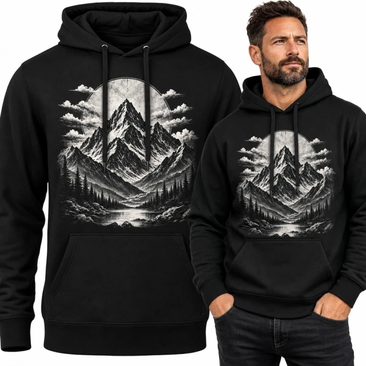Bluza męska z kapturem z monochromatycznym pejzażem górskim