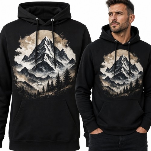Bluza męska z kapturem - ośnieżony górski szczyt nad mglistym lasem