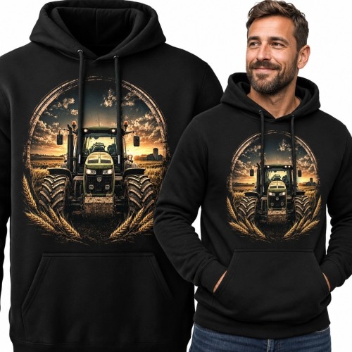 Bluza męska z kapturem - traktor na złotym polu o zachodzie słońca