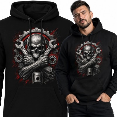 Bluza męska z kapturem z czaszką mechanika i częściami silnikowymi - mroczny motyw