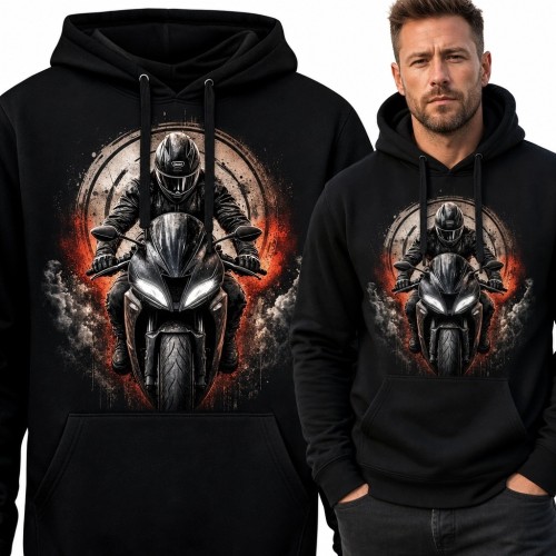 Bluza męska z kapturem - motocyklista w czerwonej poświacie, dymie i pyle
