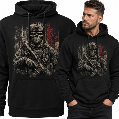 Bluza męska z kapturem - szkieletowy żołnierz na czerwono-beżowym tle