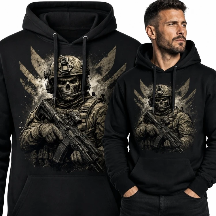Bluza męska z kapturem - czaszkowy żołnierz taktyczny z karabinem