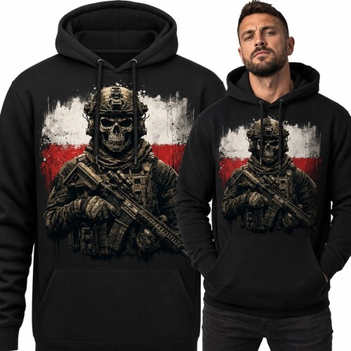 Bluza męska z kapturem - operator w masce czaszki na tle flagi Polski