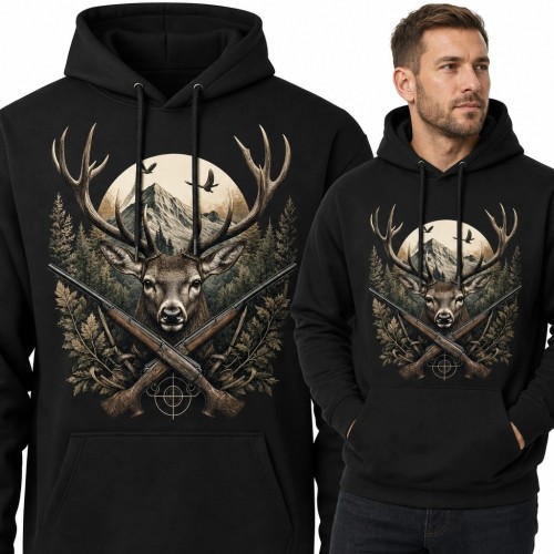 Bluza męska z kapturem - jeleń, strzelby i górski las