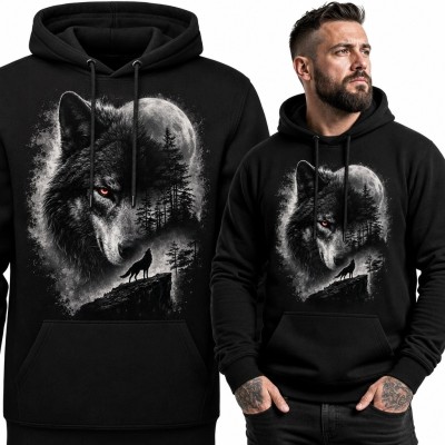 Bluza męska z kapturem z motywem wilka, nocnego lasu i księżyca