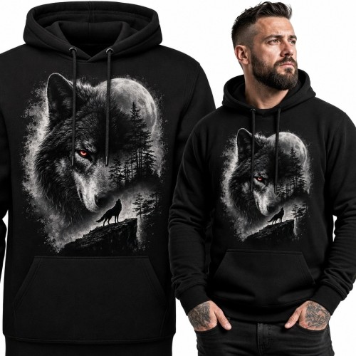 Bluza męska z kapturem z motywem wilka, nocnego lasu i księżyca