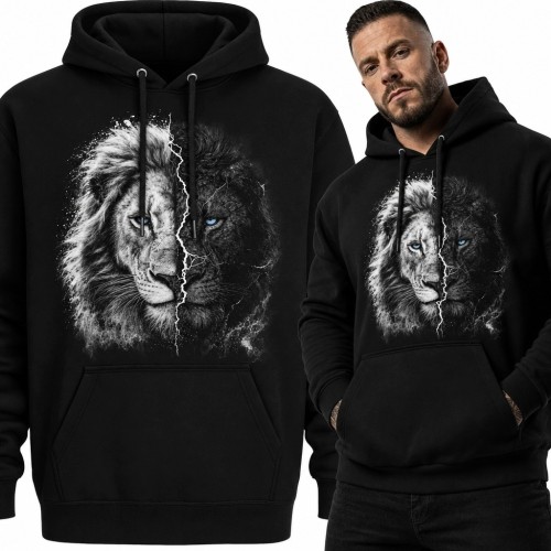 Bluza męska z kapturem - lew z błyskawicą i niebieskimi oczami