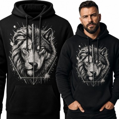 Bluza męska z kapturem z dużym portretem wilka - monochromatyczny nadruk