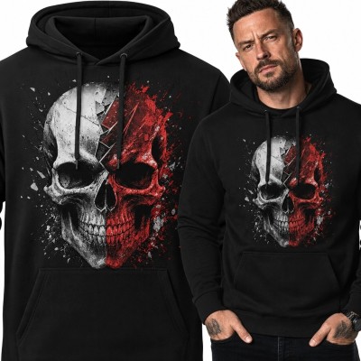 Bluza męska z kapturem - biało-czerwona czaszka z pęknięciem