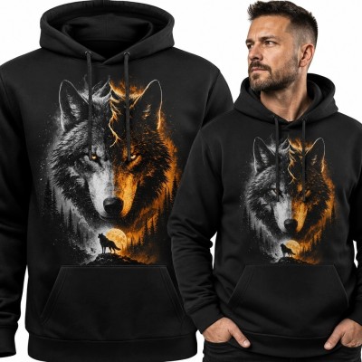 Bluza męska z kapturem - dwubarwny wilk na tle księżyca