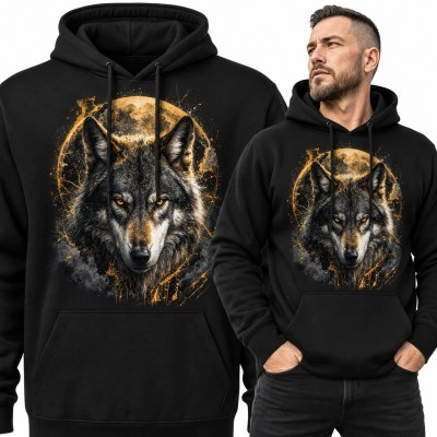 Bluza męska z kapturem z wilkiem i pełnią księżyca - mroczny nadruk