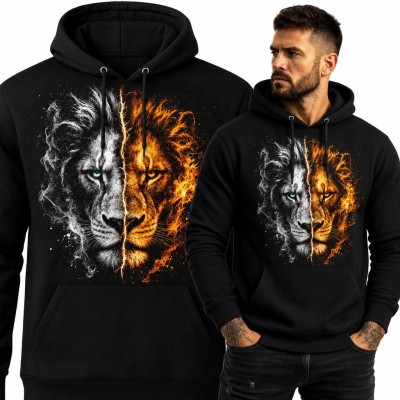 Bluza męska z kapturem z białym tygrysem i lwem w płomieniach
