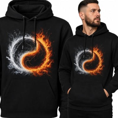 Bluza męska z kapturem z symbolem yin-yang ognia i wody - dynamiczny nadruk