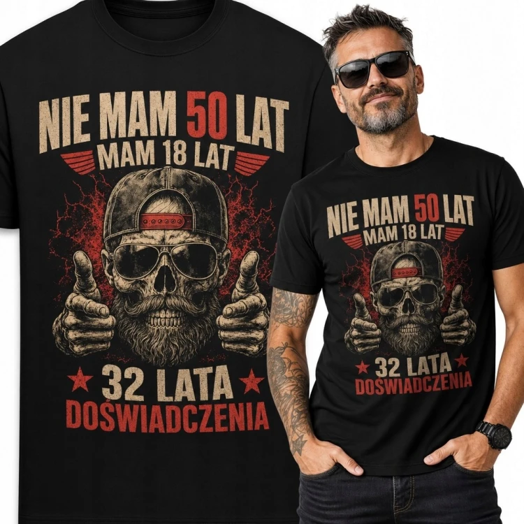 Koszulka męska na 50 urodziny „Nie mam 50 lat, mam 18 lat - 32 lata doświadczenia” - brodata czaszka