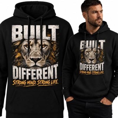 Bluza męska z kapturem z lwem „Built Different” - motyw siły i niezależności