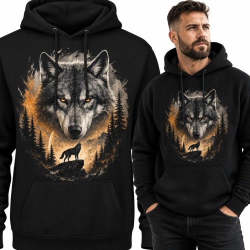 Bluza męska z kapturem - portret wilka i wyjąca sylwetka w lesie