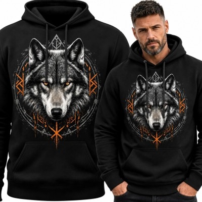 Bluza męska z kapturem - wilk w nordyckiej ornamentyce