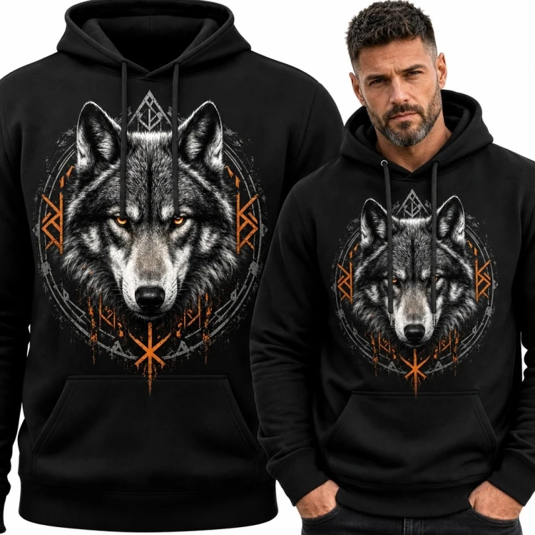 Bluza męska z kapturem - wilk w nordyckiej ornamentyce