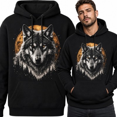 Bluza męska z kapturem - wilk na tle pomarańczowego księżyca
