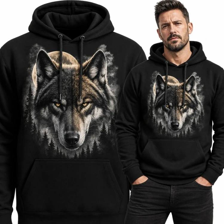 Bluza męska z kapturem - realistyczny wilk w ciemnym lesie