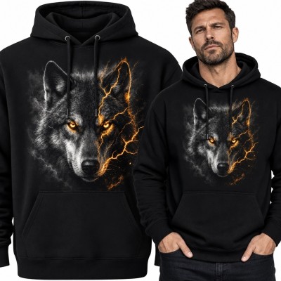 Bluza męska z kapturem z wilkiem - ogień i dym