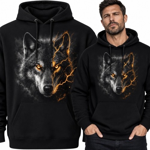 Bluza męska z kapturem z wilkiem - ogień i dym
