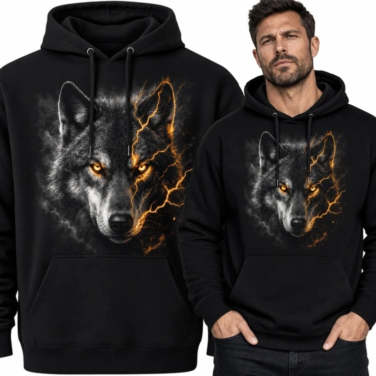 Bluza męska z kapturem z wilkiem - ogień i dym
