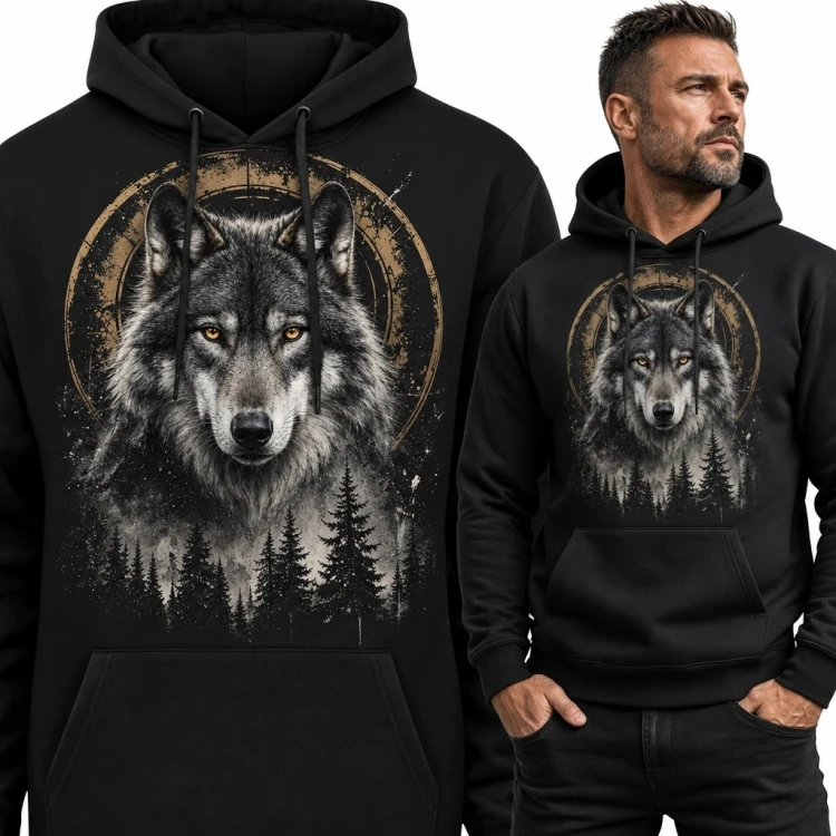 Bluza męska z kapturem z portretem wilka - las i księżyc