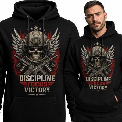 Bluza męska z kapturem „Discipline Focus Victory” - czaszka, skrzydła i karabiny