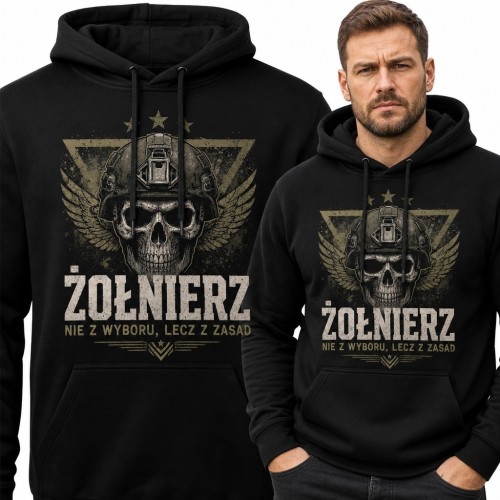 Bluza męska z kapturem z militarną czaszką „Żołnierz - nie z wyboru, lecz z zasad”