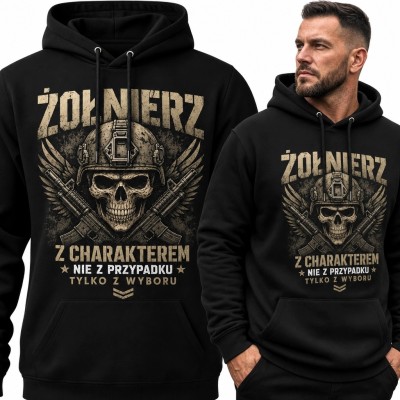 Bluza męska z kapturem z militarną czaszką „Żołnierz” - surowy wzór