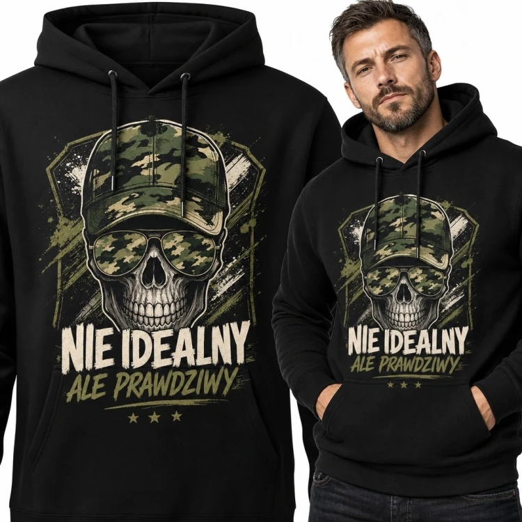 Bluza męska z kapturem z czaszką moro - „Nie idealny, ale prawdziwy”