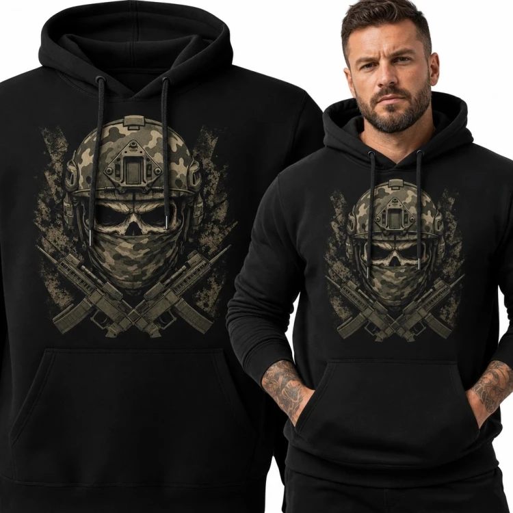Bluza męska z kapturem - czaszka żołnierza w hełmie i skrzyżowane karabiny