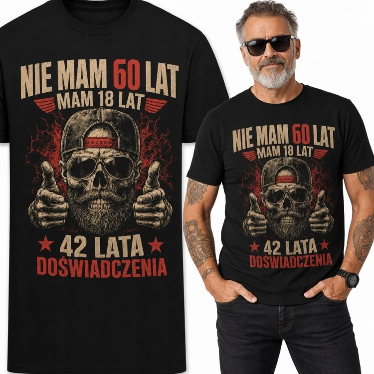 Koszulka męska na 60 urodziny z czaszką „Nie mam 60 lat, mam 18 lat” - 42 lata doświadczenia