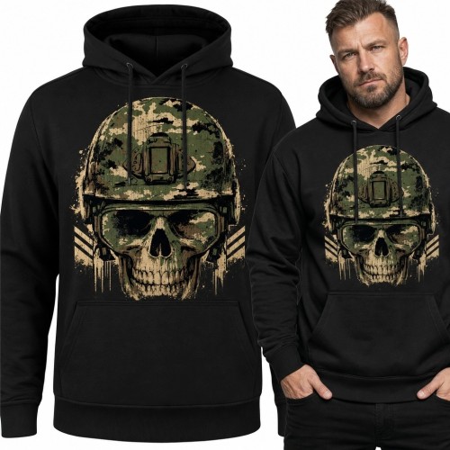 Bluza męska z kapturem - czaszka w goglach i hełmie wojskowym